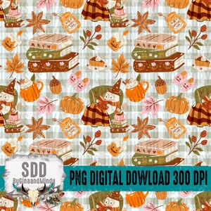 K&ouml;nnte beinhalten: Ein sich wiederholendes Muster mit herbstlichen Illustrationen. Das Design umfasst B&uuml;cherstapel, K&uuml;rbisse, Herbstbl&auml;tter, Kaffeetassen und eine lesende Hexe. Der Text "PNG DIGITAL DOWNLOAD 300 DPI" ist ebenfalls sichtbar.