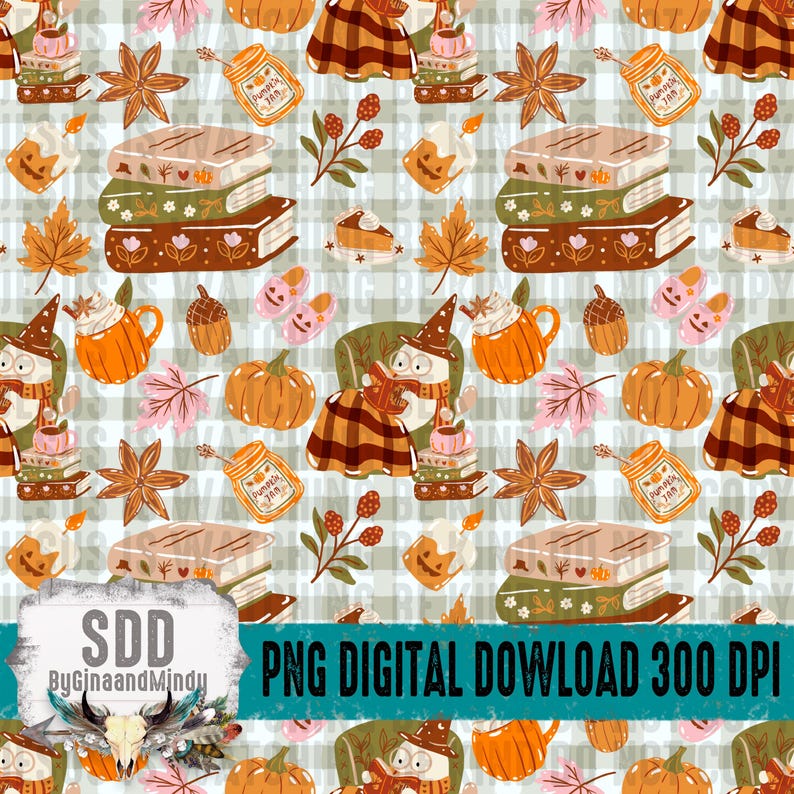 K&ouml;nnte beinhalten: Ein sich wiederholendes Muster mit herbstlichen Illustrationen. Das Design umfasst B&uuml;cherstapel, K&uuml;rbisse, Herbstbl&auml;tter, Kaffeetassen und eine lesende Hexe. Der Text "PNG DIGITAL DOWNLOAD 300 DPI" ist ebenfalls sichtbar.