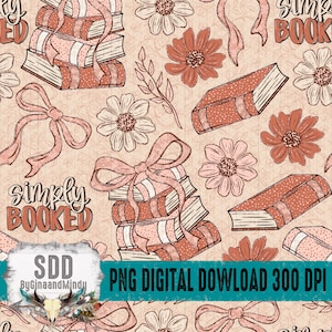 May include: A digital pattern featuring stacks of books tied with pink bows, surrounded by flowers and foliage. The words "simply BOOKED" are displayed in a decorative font. The background is a light beige color.