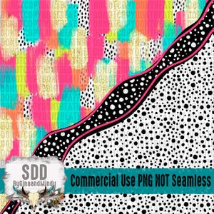 May include: Abstract digital paper with a pink, blue, yellow, and orange paintbrush design on the left side and a black and white polka dot pattern on the right side. The text "SDD ByGinaandMindy" and "Commercial Use PNG NOT Seamless" is visible at the bottom of the image.