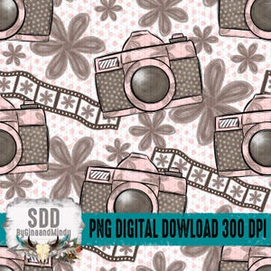 May include: A repeating pattern featuring pink cameras, brown flowers, and film strips on a white background with a pink grid. The text "PNG DIGITAL DOWLOAD 300 DPI" is visible.