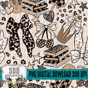 以下が含まれることがあります： リボン、本、星、ハート、さくらんぼの繰り返しデザインのデジタルパターン。デザインには、ヒョウ柄、市松模様、ベージュ、茶色、黒のニュートラルなカラーパレットが組み込まれています。「PNG DIGITAL DOWNLOAD 300 DPI」のテキストが含まれています。