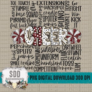 May include: A digital download of a cheerleading design featuring the word "CHEER" in black, white, and gold letters with red and white polka dots. The letters are surrounded by two red, white, and gray cheerleading pom-poms. The design is surrounded by a word cloud of cheerleading terms in black text on a brown background. The text at the bottom of the design reads "PNG DIGITAL DOWNLOAD 300 DPI".