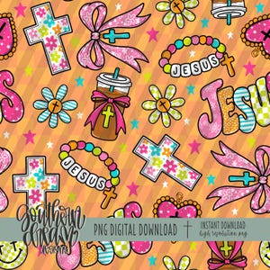 May include: A repeating pattern on an orange diagonal striped background featuring colorful floral crosses, pink bows with small blue crosses, beaded bracelets spelling JESUS, iced coffee cups with bows, and daisies with small cross centers.