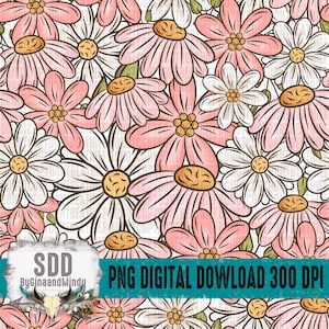 May include: A seamless digital paper pattern featuring pink and white daisies with a watercolor effect. The pattern is 300 DPI and is a PNG digital download. The text "SDD ByGinaandMindy" is in the lower left corner.