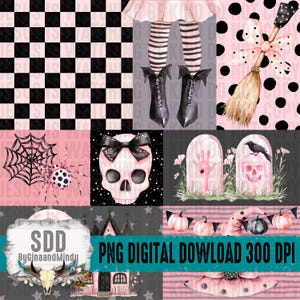 May include: A digital collage featuring Halloween-themed illustrations. The design includes a pink skull with a black bow, a spider on a web, a witch's broom, and tombstones. The text "PNG DIGITAL DOWNLOAD 300 DPI" is also present.