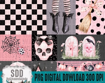 Puede incluir: Un collage digital con ilustraciones temáticas de Halloween. El diseño incluye una calavera rosa con un lazo negro, una araña en una telaraña, una escoba de bruja y lápidas. También está presente el texto "PNG DIGITAL DOWNLOAD 300 DPI".
