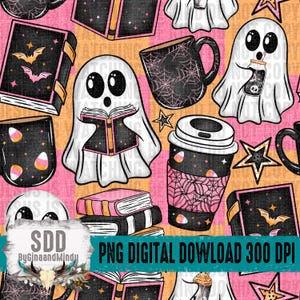 May include: A digital pattern featuring Halloween-themed illustrations. The design includes ghosts, books, coffee cups, and mugs, all in a repeating pattern. The color palette consists of black, pink, orange, and white, creating a festive and spooky aesthetic. The text "PNG DIGITAL DOWNLOAD 300 DPI" is also included.