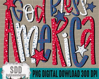 Patriotischer christlicher PNG | Trendy, Glaube, Schrift, Bless, Rot, Weiß, Blau, 4., Vierter, Juli, Sterne, Doodle Schrift | DIGITAL