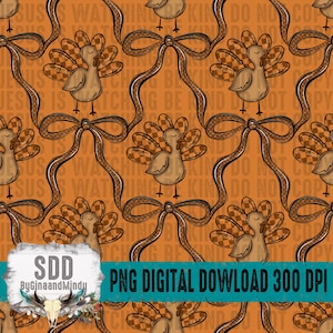 May include: Thanksgiving-themed digital pattern featuring cartoon turkeys with checkered tail feathers and brown bows on an orange background. The text "JESUS IS WATCHING BE KIND DO NOT COPY" is visible. The image also includes the text "PNG DIGITAL DOWNLOAD 300 DPI".