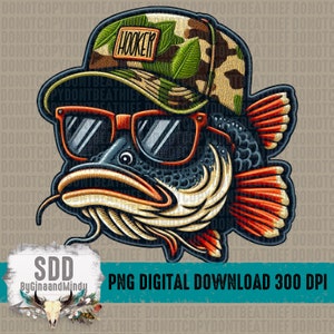 Puede incluir: Un dibujo animado de un pez gato con gafas de sol y una gorra de béisbol de camuflaje con la palabra "HOOKER" en ella. El pez gato tiene una boca grande y aletas naranjas.