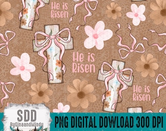 He is Risen Seamless Pattern PNG • Christian Easter Bow and Cross Design • Faith Scripture Repeat Pattern • Floral Digital Paper 300 DPI