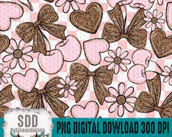 Cherry and Leopard Seamless Pattern PNG • Valentine Bow Pattern • Pink & Leopard Repeat Design • Love Digital Paper • 300 DPI Download