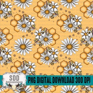 Retro biträdgård sömlöst mönster PNG, mönstertryck, bin, blommor, honung, stor skala, liten skala, sublimering, digital nedladdning