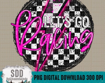 Puede incluir: Un diseño gráfico rosa y blanco con un fondo a cuadros y un rayo rosa. El texto "Let's Go Racing" está escrito en letras blancas.