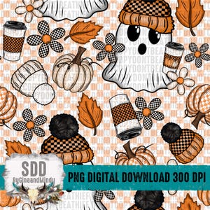 Può includere: Un motivo digitale con elementi autunnali. Il design include zucche, figure di fantasmi, tazze di caffè e fiori a scacchi in arancione, nero e bianco. Le parole "COPY DONOT" sono ripetute sullo sfondo. L'immagine include anche il testo "PNG DIGITAL DOWNLOAD 300 DPI".