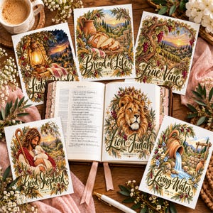 Puede incluir: Una colección de cinco láminas rectangulares con ilustraciones bíblicas y texto caligráfico, incluyendo Light of the World, Bread of Life, True Vine, Lion of Judah y Good Shepherd, junto a una Biblia abierta y un bolígrafo.