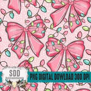 Peut inclure: Un motif numérique avec de grands nœuds roses ornés de guirlandes lumineuses turquoise, vertes et dorées. Les nœuds sont placés sur un fond rose clair avec un motif de grille subtil. L'image comprend le texte "PNG DIGITAL DOWNLOAD 300 DPI".