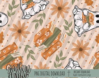 Fall Books & Ghost Seamless Pattern Bundle | Fall, Autumn Digital Paper, Repeating Pattern, Surface Design | PNG Download | DIGITAL