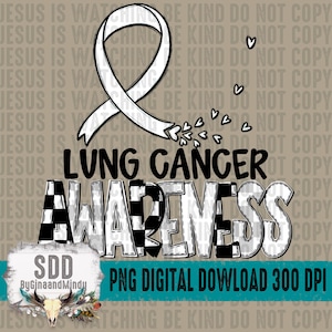May include: A digital graphic for lung cancer awareness. The design features a white ribbon, the words "LUNG CANCER AWARENESS" in bold text, and small heart shapes. The background has repeating text.