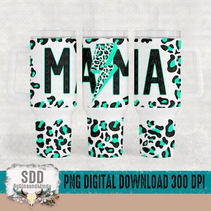 Diseño de envoltura de vaso de 40 oz / Envoltura de vaso de leopardo Mama / Diseño de sublimación para vaso de 40 oz con asa / Turquesa / PNG descargable