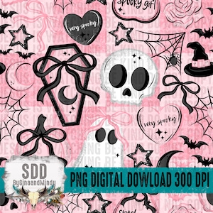 May include: A digital PNG download featuring a pink and black Halloween-themed pattern. The design includes skulls, bats, stars, hearts, coffins, and spiderwebs. The text "very spooky" and "spooky girl" are also included in the design. The image also includes the text "PNG DIGITAL DOWNLOAD 300 DPI".