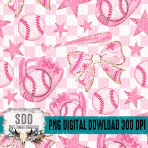 May include: A digital pattern featuring pink and white baseball elements. The design includes baseballs, gloves, bats, stars, and bows with gold glitter accents on a checkered background. The text "PNG DIGITAL DOWNLOAD 300 DPI" is included.
