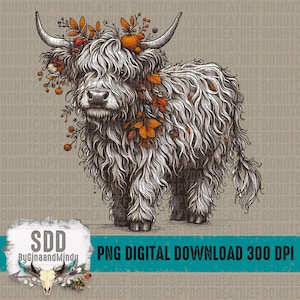 May include: A detailed illustration of a Highland cow adorned with autumn foliage, including leaves, berries, and a small pumpkin. The cow has long, shaggy fur and large horns. The image includes the text "PNG DIGITAL DOWNLOAD 300 DPI".