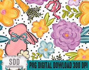 春のうさぎのシームレスPNG | イースターの花柄 | かわいいうさぎのデジタルペーパー | 300 DPIのシームレスな背景 | すぐにダウンロードできるデジタル