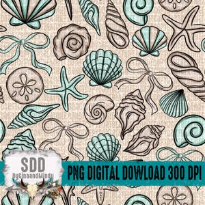 Pode incluir: Um padrão contínuo com conchas, estrelas do mar e laços em tons de turquesa e bege. O design apresenta várias formas de conchas, criando um ambiente costeiro. O texto "PNG DIGITAL DOWNLOAD 300 DPI" é visível.