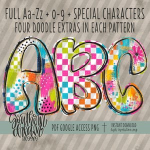 May include: Digital alphabet letters A, B, and C featuring colorful patterns including checkered squares, polka dots, and brush strokes. The text reads: FULL Aa-Zz + 0-9 + SPECIAL CHARACTERS, FOUR DOODLE EXTRAS IN EACH PATTERN, and SOUTHERN DREAM DESIGNS.