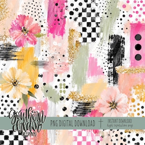 Commercial Use Digital Paper, Boho Glam Mixed Media PNG Background, Dots, Florals, Colorful Brush Stroke Paper, Sublimation Design Supply
