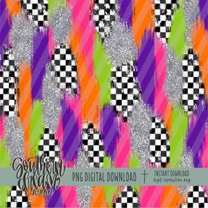 May include: A digital pattern featuring a vibrant mix of neon pink, lime green, purple, and orange diagonal brushstrokes layered with silver glitter textures and black and white checkered squares, including the text Southern Dream Designs.