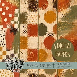 May include: Four digital papers featuring textured patterns in shades of orange, brown, cream, and olive green. Designs include checkered squares, large polka dots, and brushstroke textures with gold accents. Text reads 4 DIGITAL PAPERS.