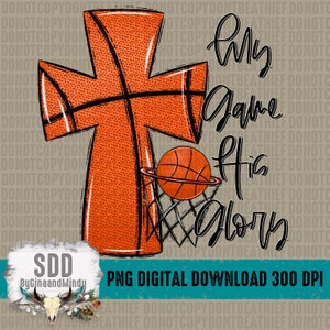 Puede incluir: Una descarga digital de un diseño gráfico que presenta un aro de baloncesto con una pelota de baloncesto que pasa por el aro. La pelota de baloncesto es naranja y negra y el aro es negro. El fondo es una cruz marrón con un patrón de baloncesto naranja y negro. El texto "My game His glory" está escrito en negro en el lado derecho de la imagen.