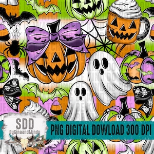 May include: A colorful Halloween-themed digital pattern featuring pumpkins, ghosts, bats, and spiderwebs. The pumpkins are orange with carved faces and purple bows. The background includes the text "PNG DIGITAL DOWNLOAD 300 DPI".