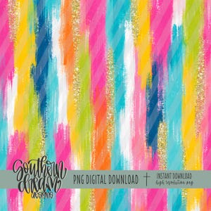 May include: A digital background featuring vertical brushstrokes in vibrant shades of pink, yellow, orange, lime green, turquoise, and dark blue, interspersed with vertical bands of gold glitter texture and the text Southern Dream Designs.