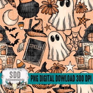 May include: A Halloween-themed digital design featuring ghosts, witch hats, pumpkins, and a spell book on a peach background. The design includes the text "PNG DIGITAL DOWNLOAD 300 DPI".