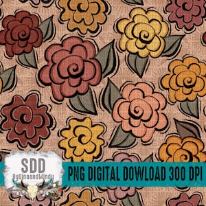 May include: A digital floral pattern featuring stylized flowers in shades of red, yellow, and peach with black outlines and gray leaves. The background is a light brown color. The text "PNG DIGITAL DOWNLOAD 300 DPI" is visible.