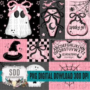 May include: A digital design with Halloween motifs. It features a ghost with a pink bow, a coffin, a witch's hat, a pumpkin, and an alphabet board. The colour scheme is black, pink, and white, with star and bat accents.