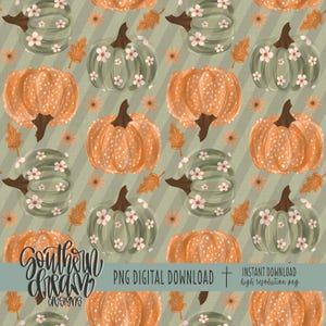 May include: A digital pattern featuring repeating orange pumpkins with white polka dots and sage green pumpkins decorated with small white flowers, interspersed with orange autumn leaves and small flowers on a light green diagonal striped background.