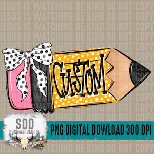 May include: A digital graphic featuring a pencil design with the word "CUSTOM" in bold letters. The pencil has a yellow body with white polka dots, a black tip, and a pink jar with a black and white polka dot bow. The image also includes text.