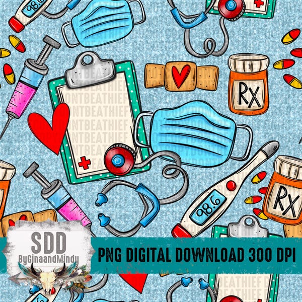 Pacote PNG sem costura para enfermeiras | Tecido, Estampa, Enfermagem, Medicina, Padrão | Download | Download instantâneo | Sublimação | DIGITAL