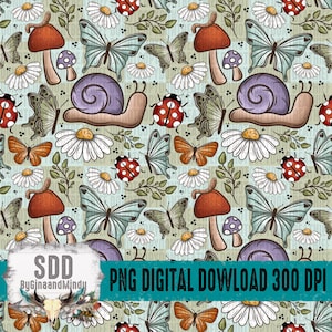 Spring Cottagecore Seamless PNG | Spring, Snail, Butterflies, Flowers, Flower, Floral | Fabric, Repeating Pattern, Paper, Download | DIGITAL
