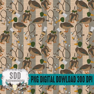 Op de afbeelding: Een naadloos patroon met een herhalend ontwerp van bruine en groene eenden, bruine en witte eendenlokken en bruin en wit gestreept stof. De tekst "SDD ByGinaandMindy PNG DIGITAL DOWNLOAD 300 DPI" staat onderaan de afbeelding.