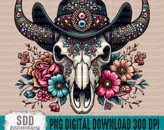 Western Bull Skull Bling PNG Bundle | Western, Bull Skull, Florals, Cowboy Hat | Sublimation Download | Instant Downloadable | DIGITAL