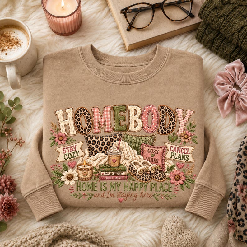 May include: A tan sweatshirt featuring the text HOMEBODY in patterned letters, surrounded by illustrations of pillows, a coffee cup, books, slippers, and flowers. Additional text reads STAY COZY, CANCEL PLANS, and HOME IS MY HAPPY PLACE.