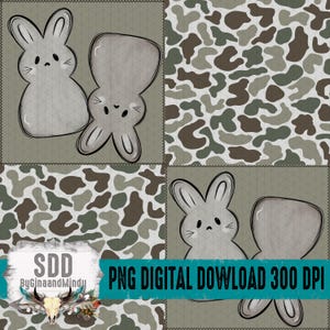 May include: Digital design featuring two gray bunny illustrations with black outlines, set against a patchwork background of camouflage patterns and a light green geometric design. The text "PNG DIGITAL DOWNLOAD 300 DPI" is included.