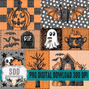 May include: A Halloween-themed patchwork design with illustrations of a pumpkin, bats, a tombstone, a ghost with a coffee cup, a cauldron, a skull, a haunted house, and the text "PNG DIGITAL DOWNLOAD 300 DPI". The design uses orange, black, and grey.