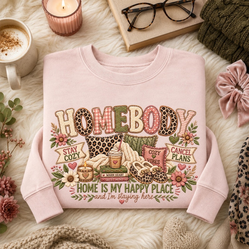 May include: A light pink crewneck sweatshirt featuring a graphic print with the text "HOMEBODY" in large letters, "STAY COZY", "CANCEL PLANS", and "HOME IS MY HAPPY PLACE AND I'M STAYING HERE". The design includes illustrations of pillows, books, and slippers.